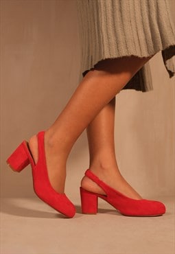 Edith extra wide fit block heel mary jane pumps in red suede
