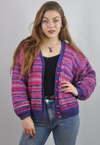 VINTAGE GRANNY KNIT PATTERNED WOOL CARDIGAN