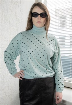 Vintage 80's Mint Polka Dot Turtle Neck Cotton Top
