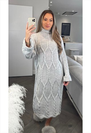 High Neck Maxi Cable Knitted Jumper Dress In Grey