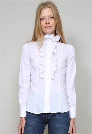VINTAGE 80'S MAX MARA WHITE COTTON RUFFLE SHIRT
