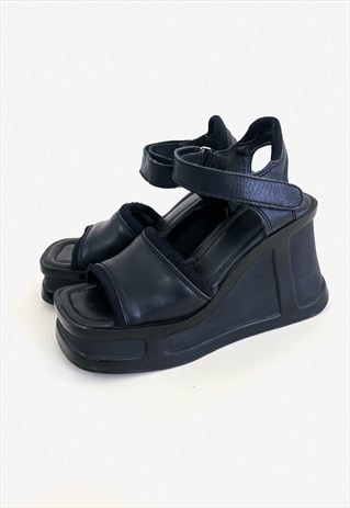 Vintage Y2k Grunge Heeled Black Velcro Sandals Eu37/UK4