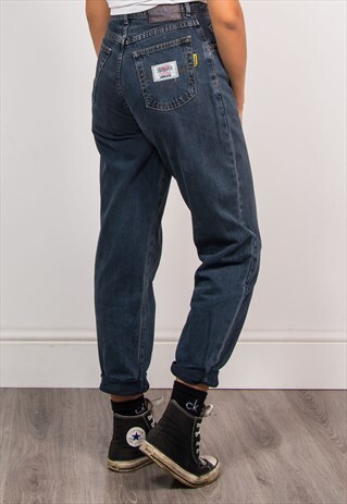 VINTAGE 90'S HIGH WAIST DARK BLUE DENIM MOM JEANS