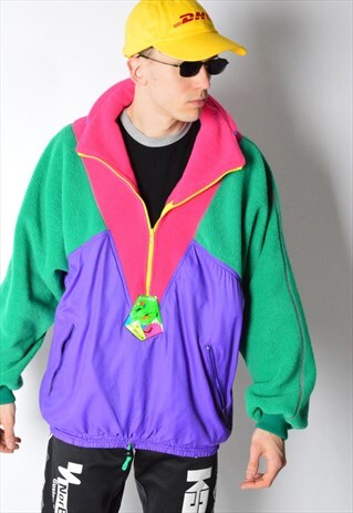 VINTAGE 80S COLOURFUL COLOUR BLOCK FLEECE ZIPPER JACKET