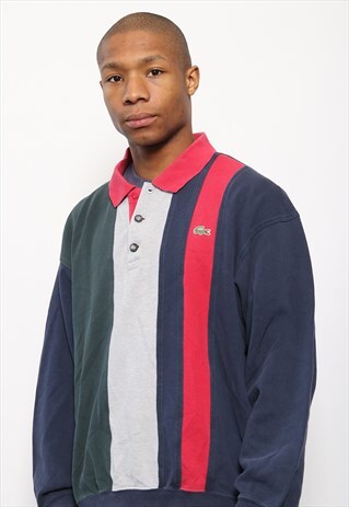 VINTAGE LACOSTE LONG SLEEVED POLO SHIRT GREY RED GREEN BLUE