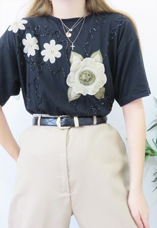 80S VINTAGE BLACK & BEIGE FLORAL EMBROIDERED BLOUSE TOP