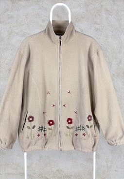 Vintage Embroidered Patterned Fleece Beige Floral UK 12/14