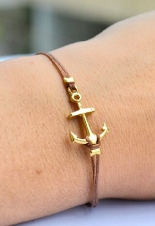 GOLD ANCHOR BRACELET WITH A BROWN CORD, NAUTICAL JEWELRY