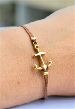 Gold anchor charm bracelet brown cord summer gift for her