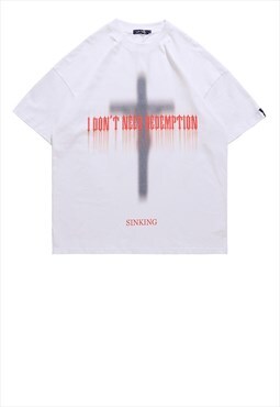Cross print t-shirt Y2K tee Gothic slogan top in white