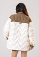 QUILTED BOMBER PADDED SHIRT JACKET BUTTON UP PUFFER IN CREAM