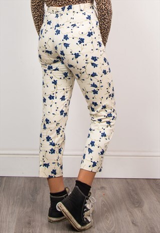 RETRO 90'S BLUE FLORAL PATTERN HIGH WAIST SUMMER TROUSERS