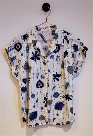 VINTAGE 90S FLORAL BOTANICAL PRINT CAP SLEEVE BLOUSE SIZE 14