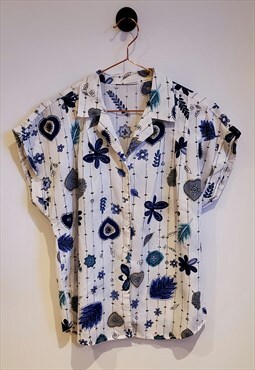 Vintage 90s Floral Botanical Print Cap Sleeve Blouse Size 14
