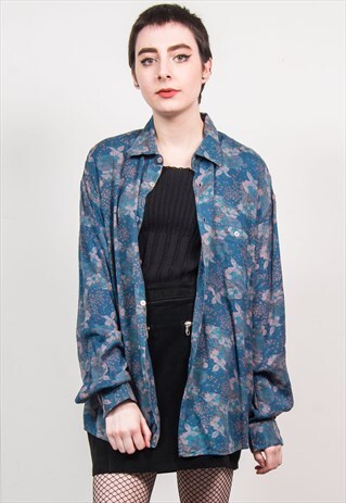 VINTAGE 90'S BLUE FLORAL PATTEN OVERSIZED LONG SLEEVE SHIRT