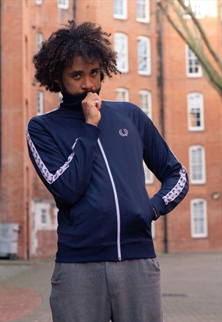VINTAGE 80S FRED PERRY LOGO TRACKSUIT JACKET IN NAVY & WHITE