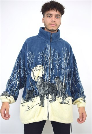 VINTAGE 90S BLUE CREAM FOREST FLEECE JACKET
