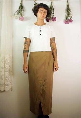 DARK BEIGE MAXI HIGH WAISTED WRAP SKIRT LONG