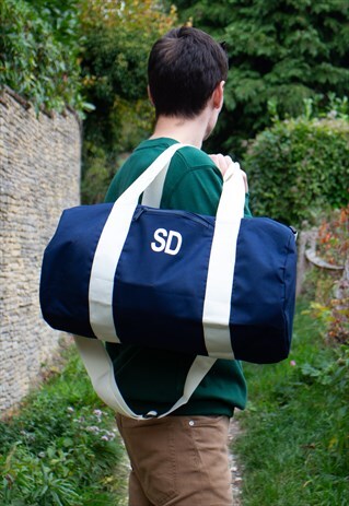 PERSONALISED LARGE BARREL GYM BAG IN NAVY WITH INITIALS
