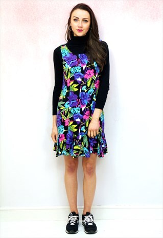 1990S VINTAGE PURPLE FLORAL FRILL MINI DRESS