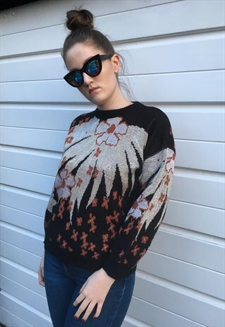 WOMENS VINTAGE 80S JUMPER BLACK SPARKLY FLORAL SWEATER TOP