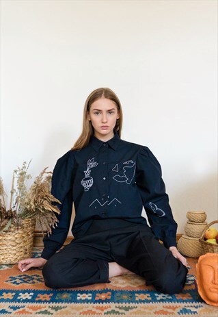 HAND EMBROIDERED DARK BLUE SHIRT