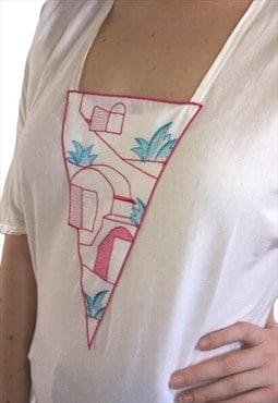 Vintage 70s blouse white boho top abstract pattern