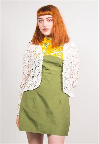 VINTAGE 90'S WHITE CROCHET KNIT FLORAL CROPPED CARDIGAN