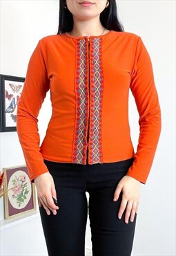 2000s orange embroidered cardigan top