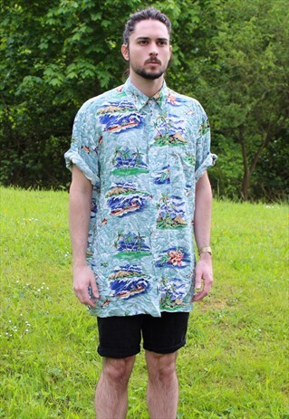 VINTAGE 80S HAWAIIAN USA SHIRT - XL - COCKTAIL
