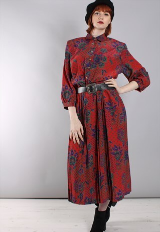 VINTAGE 80S FLORAL PAISLEY PATTERNED MIDI SHIRT DRESS