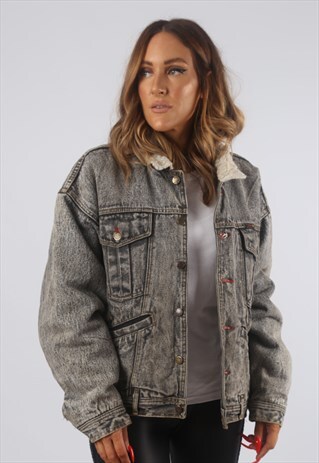 VINTAGE SHERPA LINED DENIM JACKET OVERSIZED ACID WASH (8BK)