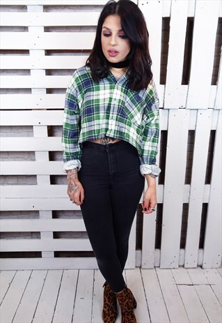 GREEN PLAID REWORKED CROPPED FLANNEL SHIRT