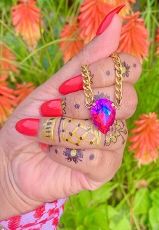 MAJESTY. PINK TEARDROP CRYSTAL CHOKER GOLD CHAIN NECKLACE