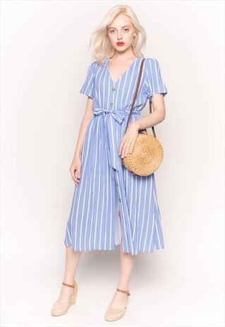 SHORT SLEEVE V NECK MIDI DRESS IN BLUE AND WHITE STRIPE