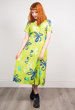 VINTAGE 90'S LIME GREEN FLORAL PRINT MIDI DRESS
