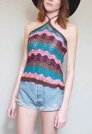 VINTAGE 1970'S MULTI COLOURED STRIPED CROCHET HALTER TOP