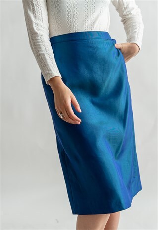 VINTAGE 80S PENCIL SKIRT IN METALLIC BLUE