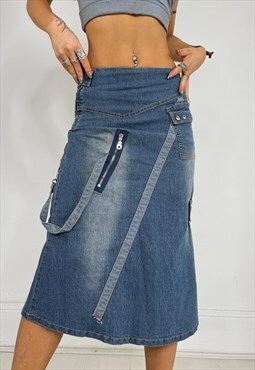 Vintage Y2k Denim Skirt Midi Long Buckle Tassel Grunge 90s