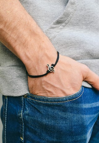 MUSIC BRACELET FOR MEN, SILVER TREBLE CLEF BLACK CORD, MENS