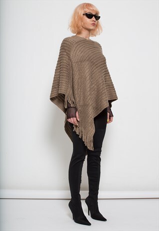BEIGE KNITTED SOFT CASHMERE PONCHO