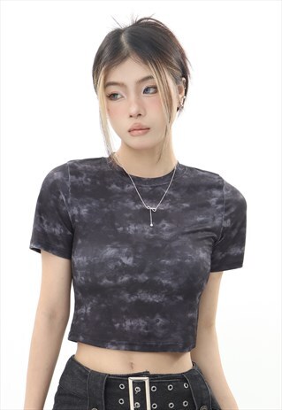 Tie-dye crop top abstract print t-shirt grunge top in black