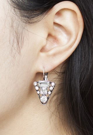 TRIANGLE SILVER RHINESTONE DROP EARRINGS