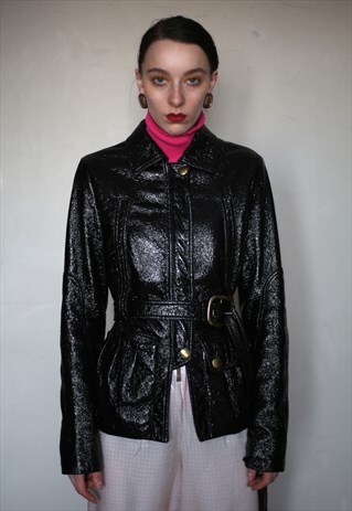 Y2K VINTAGE SHINY BLACK JACKET WITH BELT . TECHNO VIBES