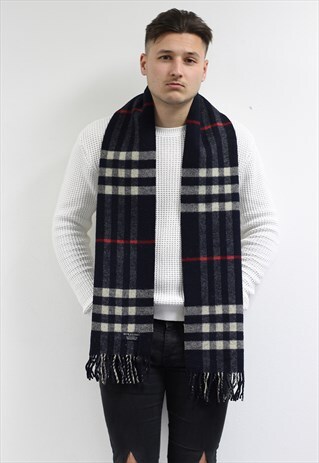 VINTAGE CASHMERE CHECKED SCARF NAVY-AS224