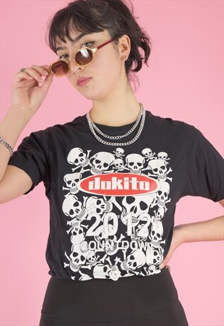 VINTAGE REWORKED CROP TOP T-SHIRT IN BLACK WITH SKULL PRINT