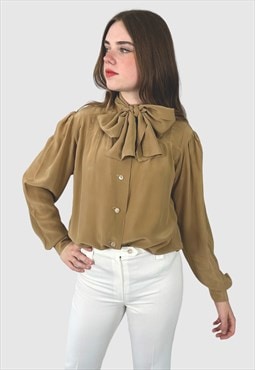 80's Lila Vintage Brown Long Sleeve Pussy Bow Blouse