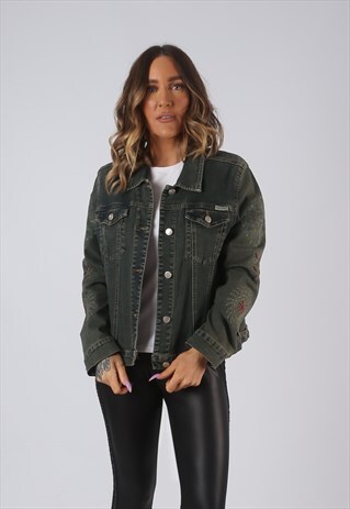 DENIM JACKET FITTED VINTAGE EMBROIDERED FLORAL UK 14 (DK4V)