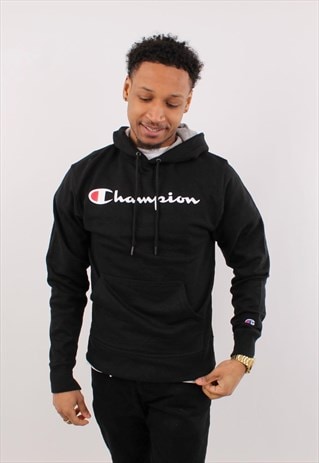 VINTAGE MENS CHAMPION BLACK PULLOVER HOODIE