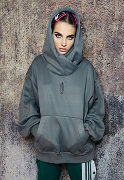 Raised neck hoodie grunge pullover retro Japanese top grey